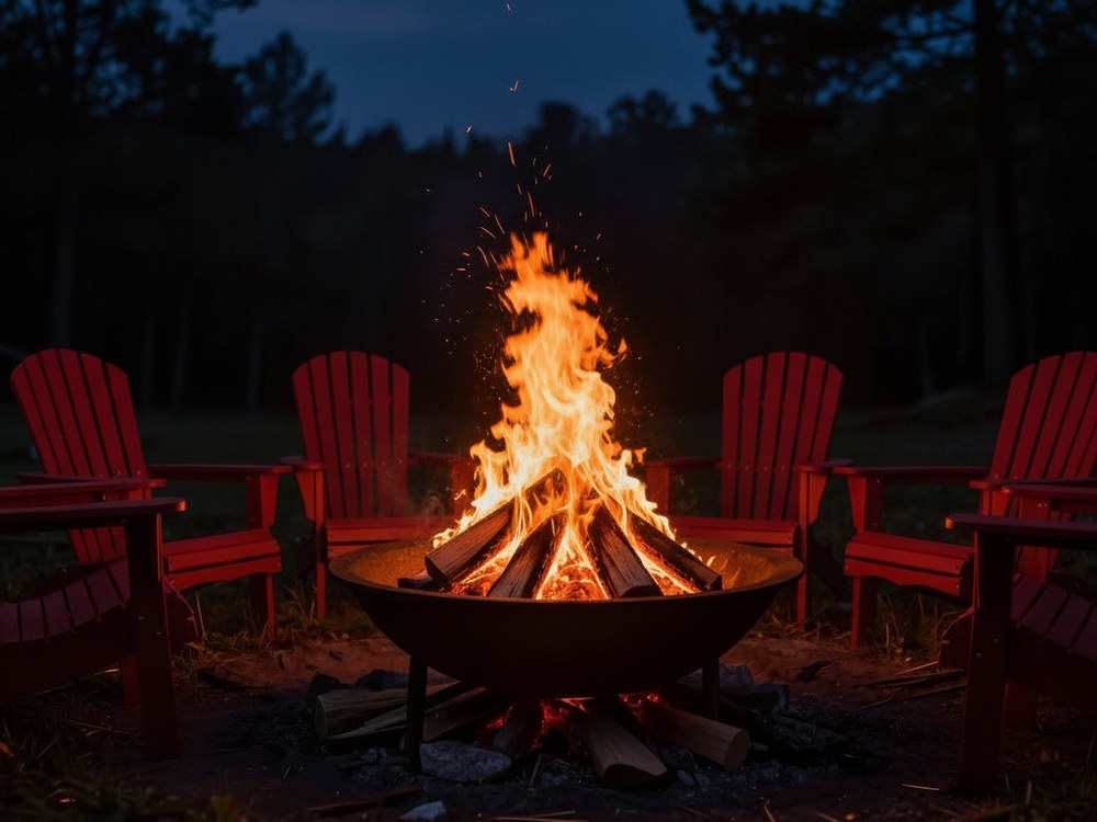 Crackling fire pit surrounded by red Adirondack chairs in the forest at dusk