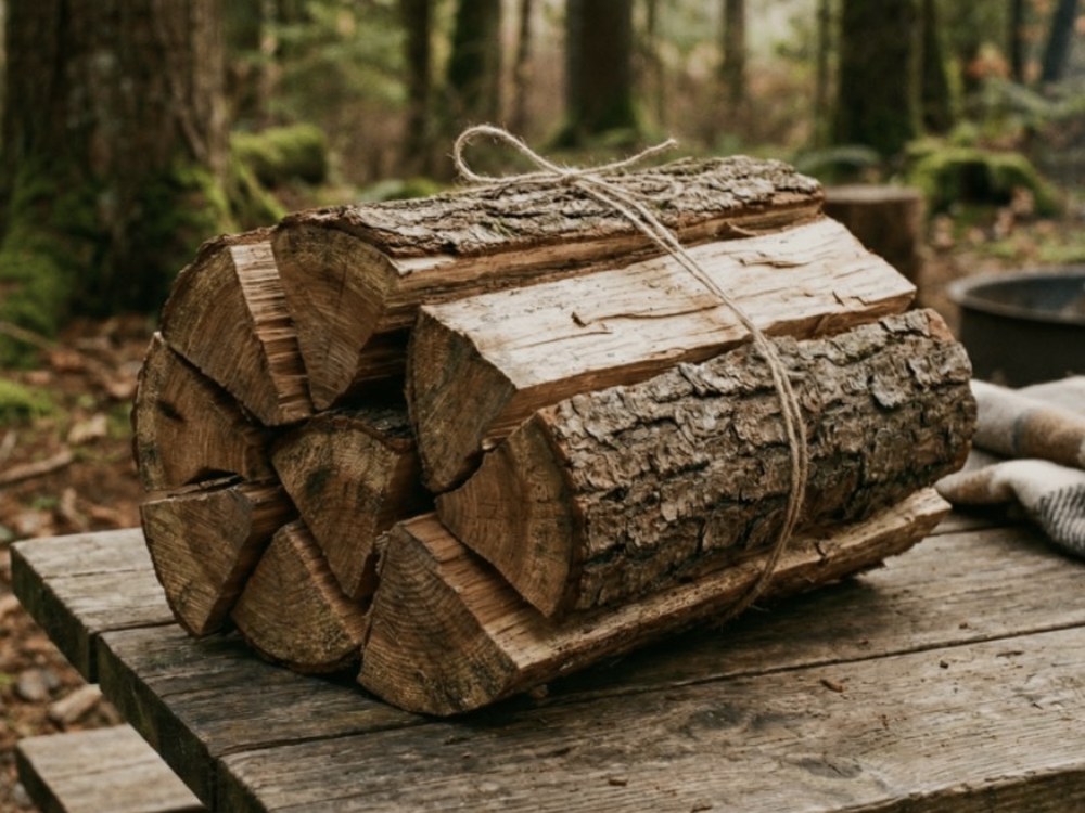 Bundle of split firewood tied with twine on a rustic picnic table in the forest